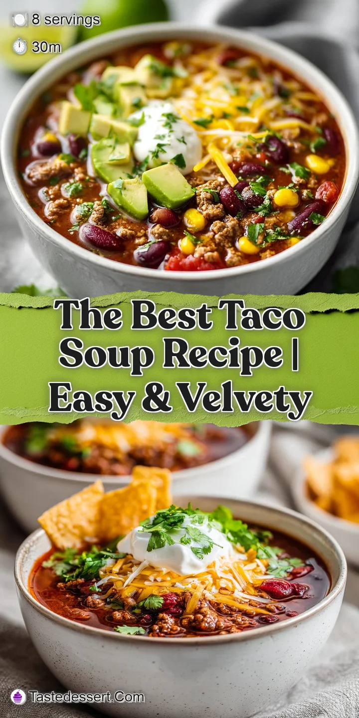 Close-up view of rich, velvety taco soup with browned bits of meat, showcasing the texture and colorful array of ingredients.