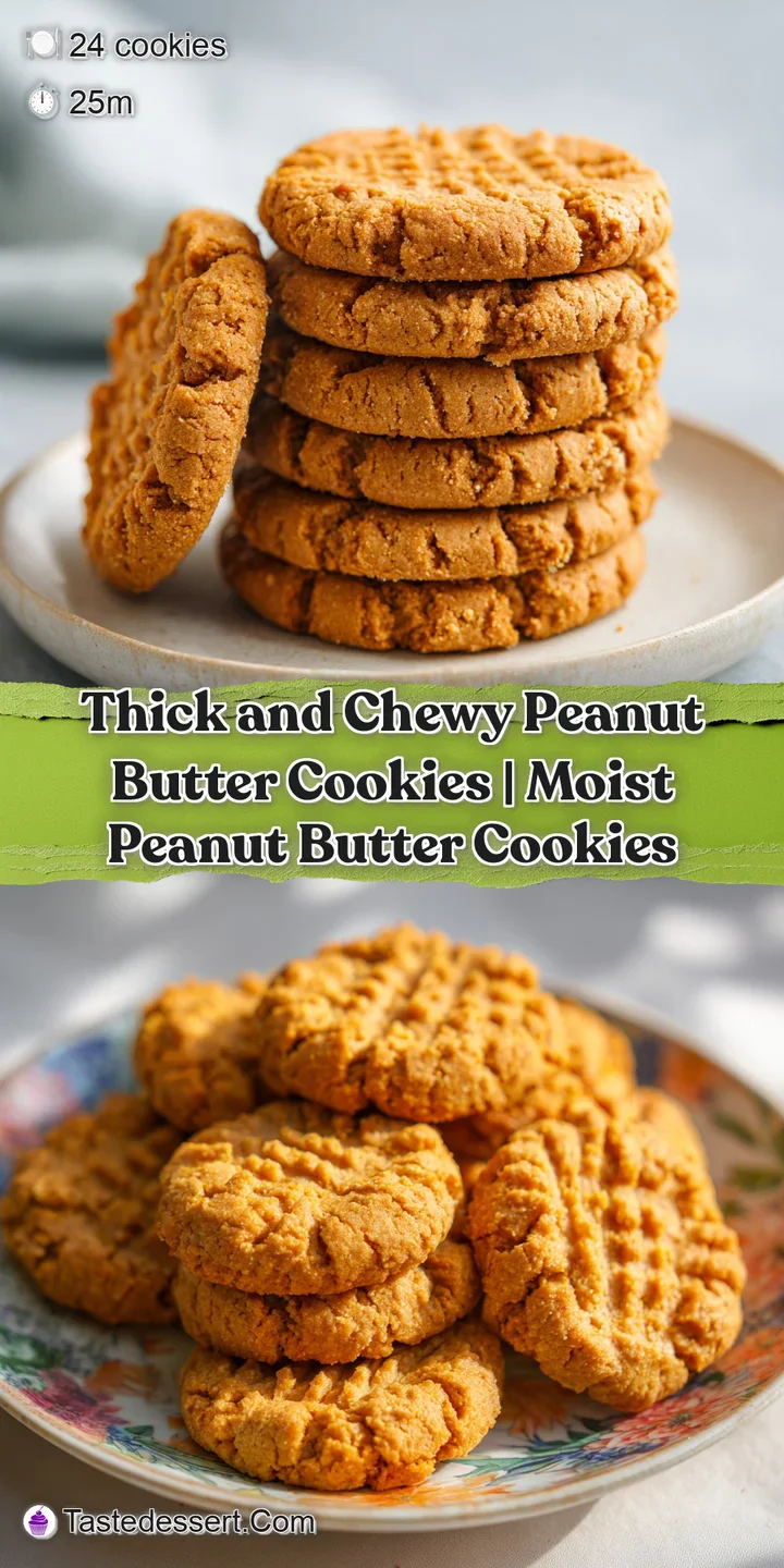 Close-up of a thick, chewy peanut butter cookie. Visible peanut pieces and a slightly cracked surface suggest a soft bite.