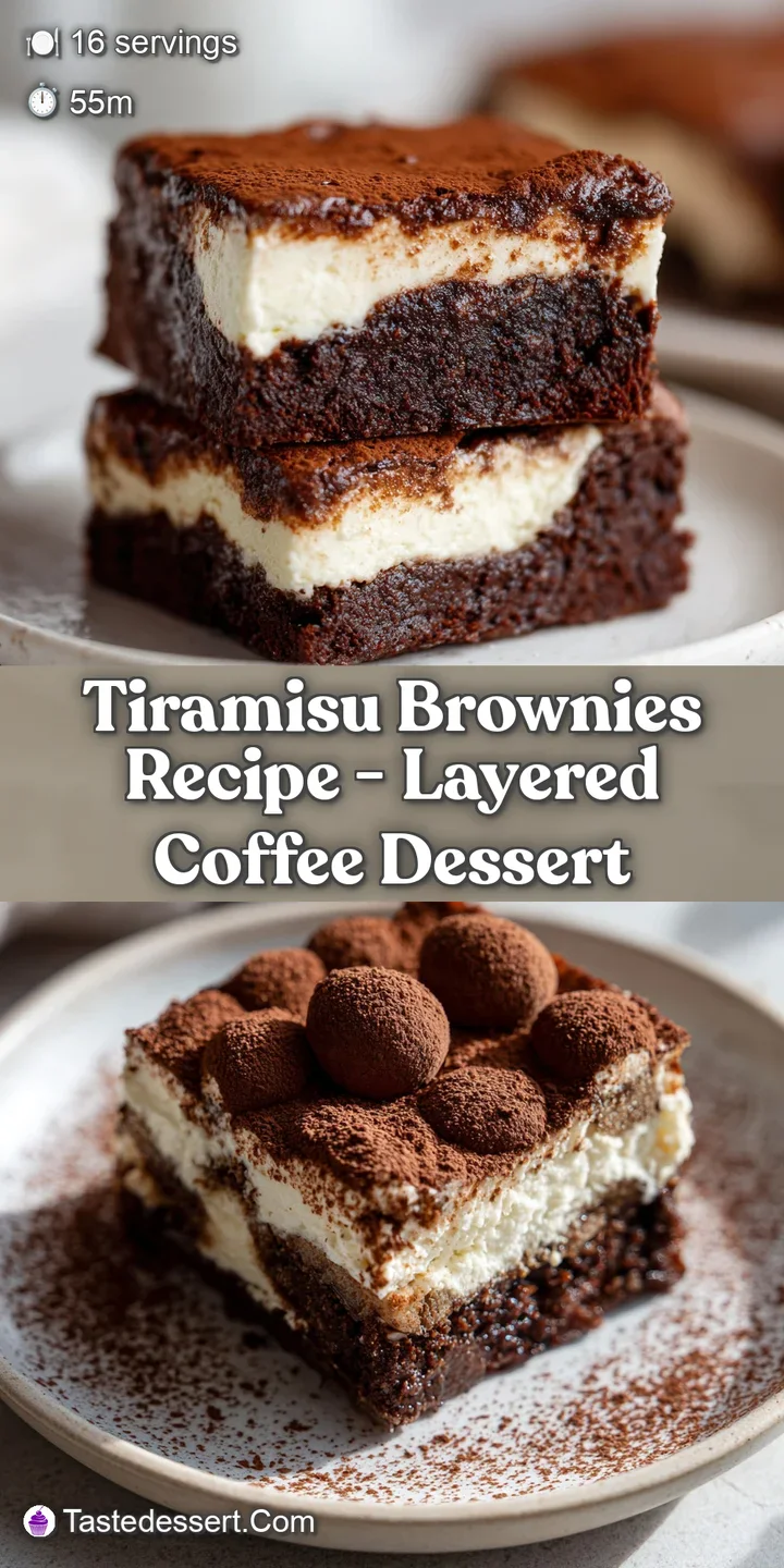 Close-up of a tiramisu brownie showing fudgy layers, creamy filling, and dusting of cocoa powder; an appetizing, textured ...