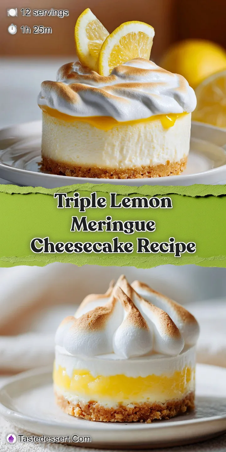 Creamy lemon filling and fluffy, browned meringue meet a crunchy crust in this close-up of a delectable cheesecake slice.