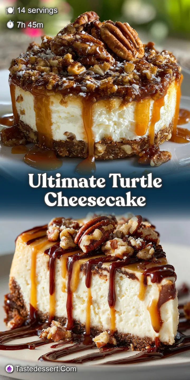 Close-up of a turtle cheesecake revealing the creamy filling, caramel swirls, and chocolate chunks. Sweet treat, ready to ...