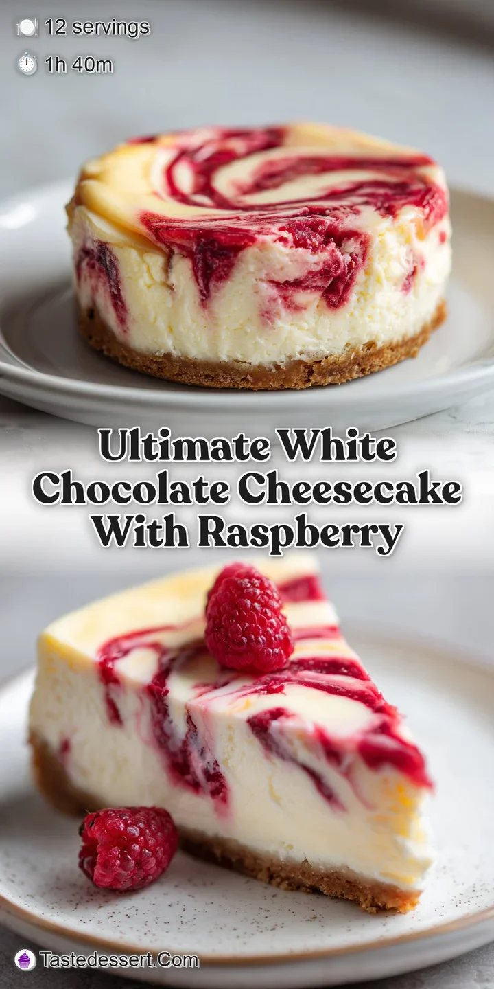 Close-up of a white chocolate cheesecake featuring swirls of ruby red raspberries. The surface looks velvety and rich, pro...