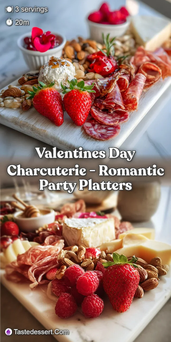 Close-up of a Valentine's charcuterie board, showing the textures of creamy brie, salty prosciutto, and juicy grapes.