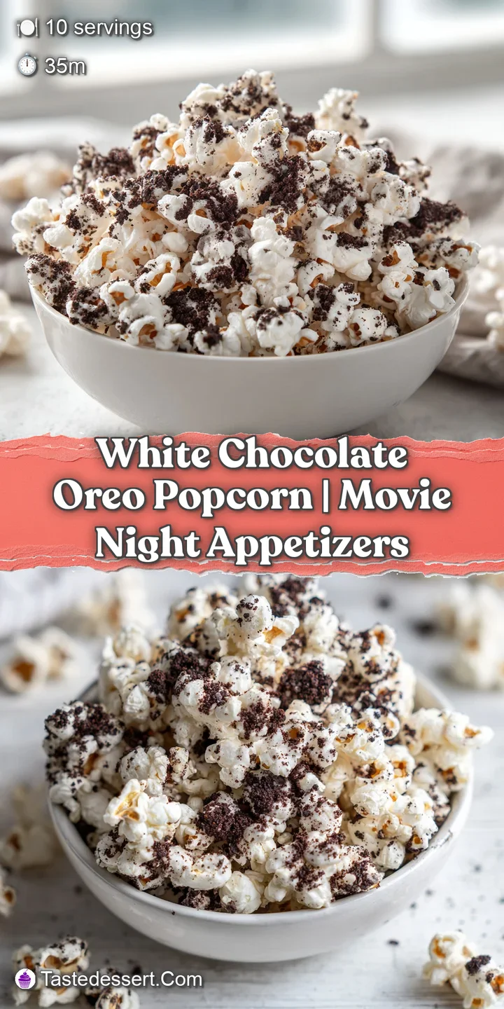 Extreme close-up of fluffy popcorn coated in smooth white chocolate with jagged dark cookie crumbles and a soft glow.