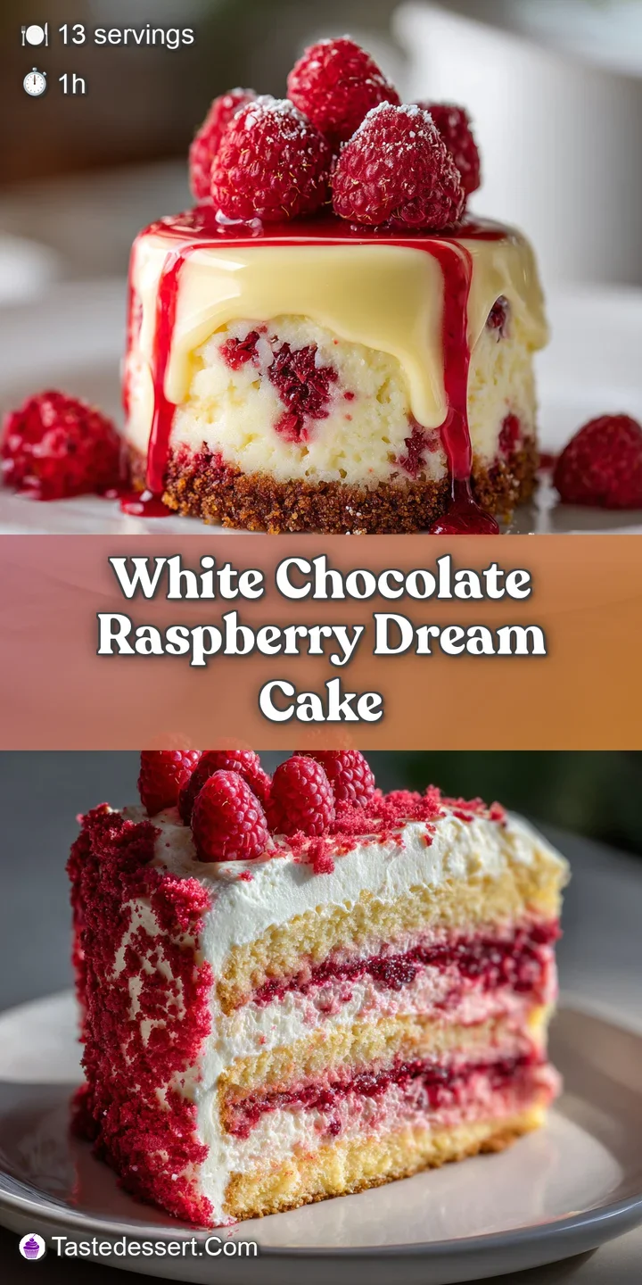 Close-up reveals moist white cake layers swirled with bright raspberry filling and creamy white chocolate frosting, creati...