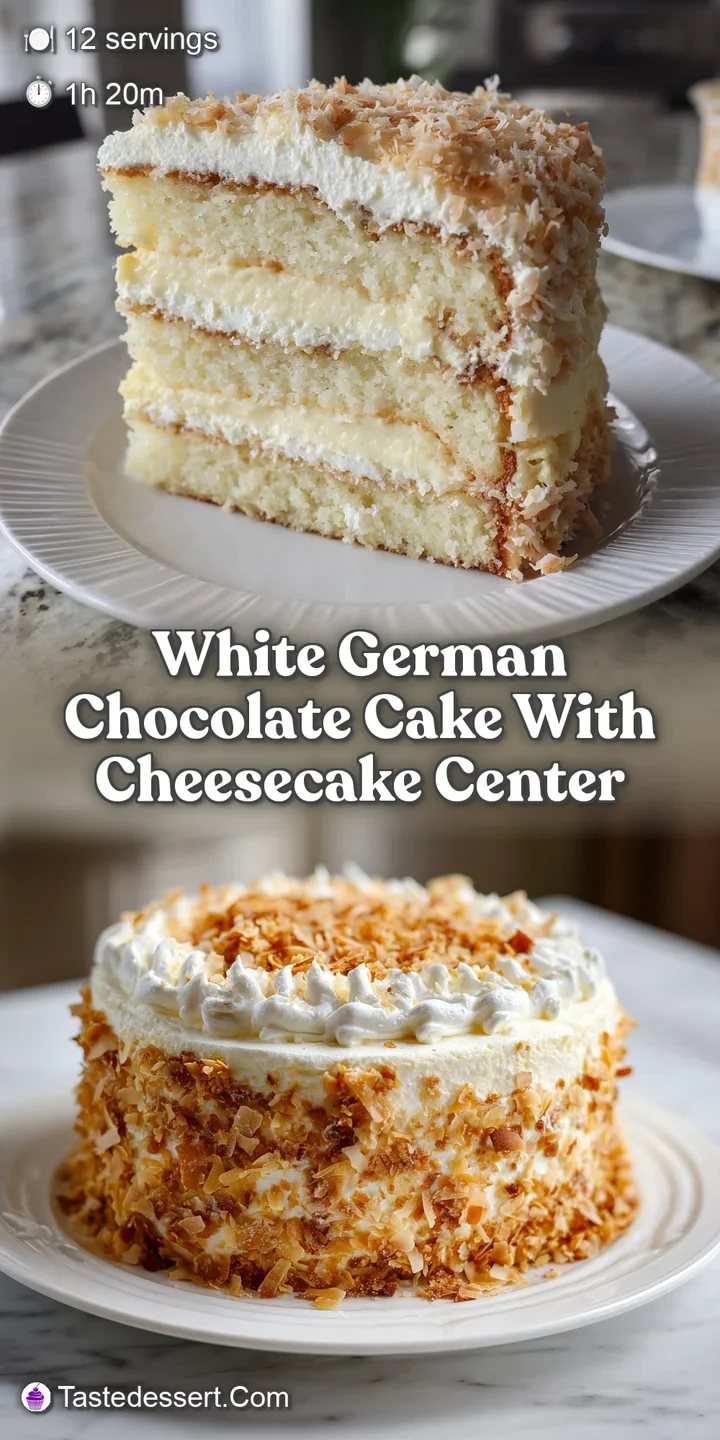 Close-up reveals moist white cake and a creamy cheesecake center, inviting bite. Chocolate shavings offer rich texture.