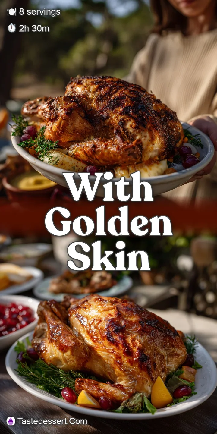 Close-up of flawlessly cooked meat with a rich golden skin, showcasing a tantalizing texture and inviting aroma, appealing...