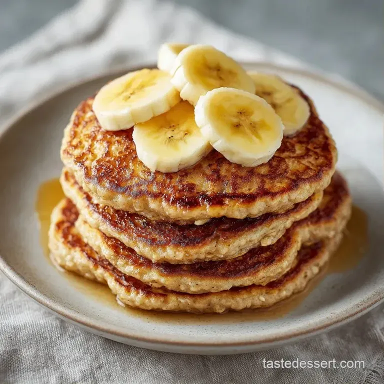 Neatly stacked golden-brown oat cakes on a ceramic plate, adorned with sliced bananas and fresh blueberries.