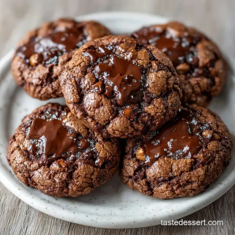 A neat stack of rich brown cookies on a marble slab, garnished with a sprinkle of sea salt and a hazelnut.