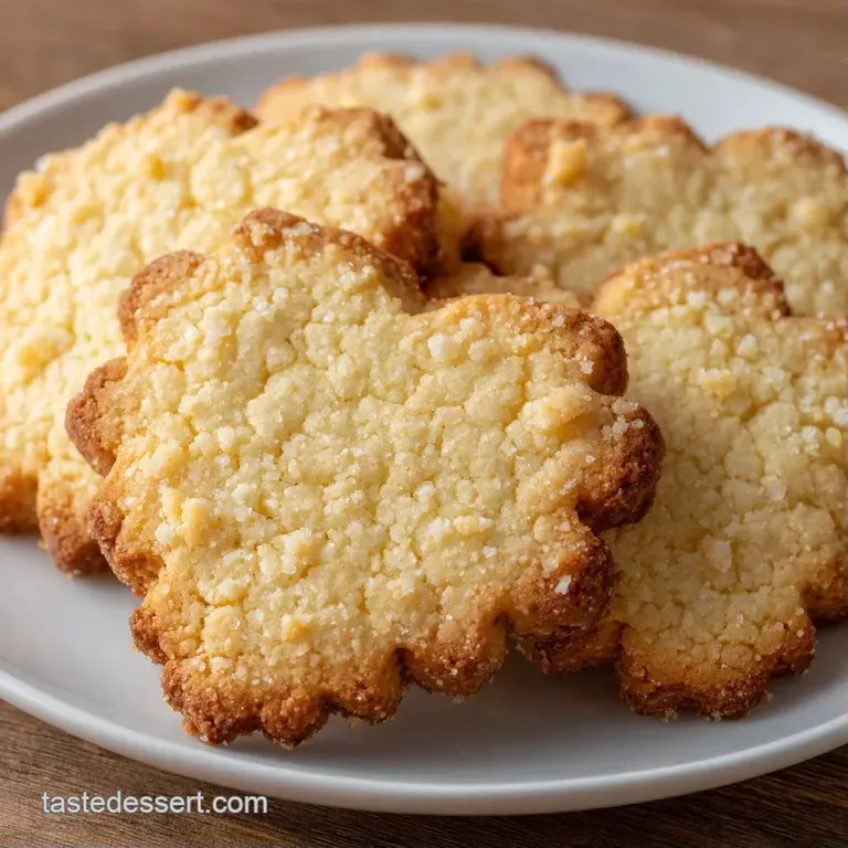 Pale gold cookies arranged neatly on a rustic linen cloth beside a steaming cup of tea and a small silver fork.