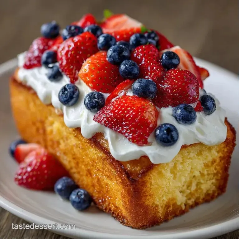 A neat slice of berry cake with red and white stripes on a white plate, garnished with a sprig of fresh mint.
