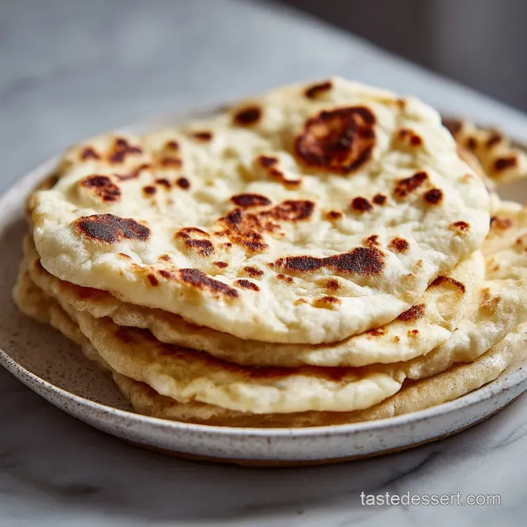 Single flatbread, lightly browned, elegantly draped over a white plate, drizzled with olive oil, and sprinkled with herbs ...