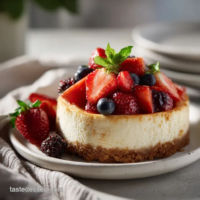 A single slice of cheesecake, artfully placed with a dollop of whipped cream and a bright red berry.