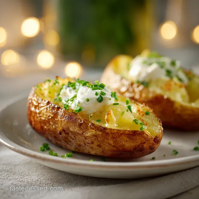 Crisp russet potato on a slate platter, topped with a dollop of cool sour cream and finely chopped green chives.