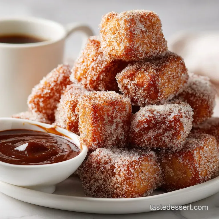 Cinnamon-sugar churro bites piled high on a white plate, drizzled with dark chocolate and caramel sauce. A tempting, sweet...