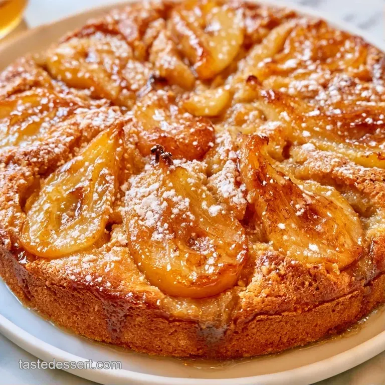 A delicate slice of moist cake with a glazed pear wedge and whipped cream on a clean, modern white ceramic plate.
