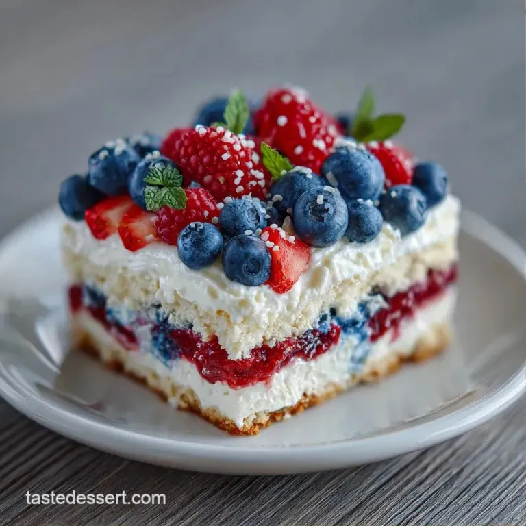 A neat slice of red, white, and blue layered dessert on a white ceramic plate, topped with fresh, glossy berries.