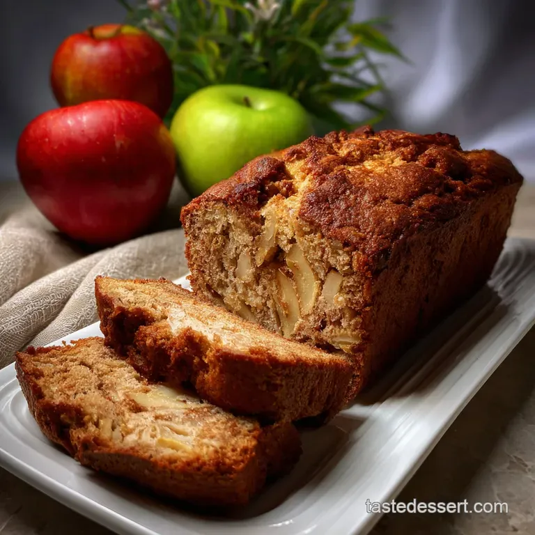 Slices of tender apple cinnamon bread arranged on a linen napkin, a dusting of powdered sugar, cinnamon sticks nearby. Sim...