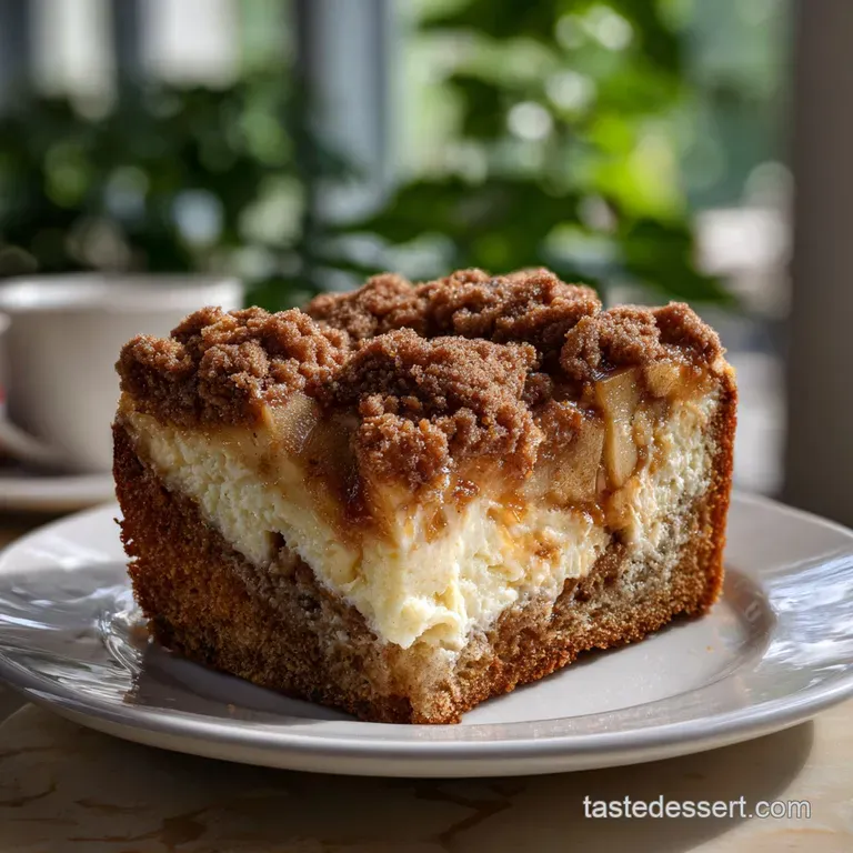 Slice of moist apple coffee cake with a rich cream cheese layer, drizzled with icing, inviting warmth, served on a white p...