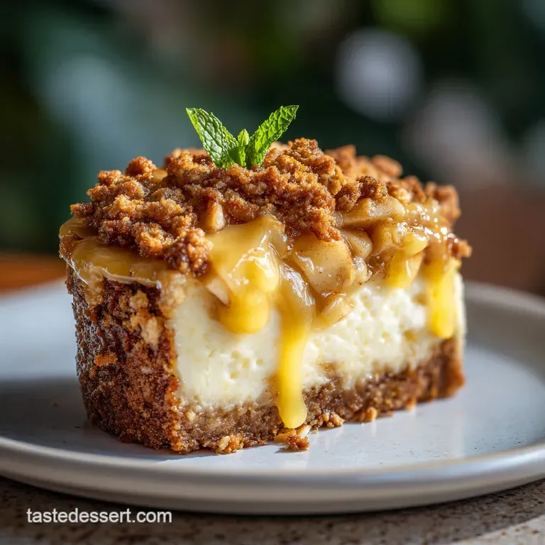 Slices of apple crisp cheesecake bread arranged elegantly, showcasing creamy cheesecake filling and sugary crisp topping. ...