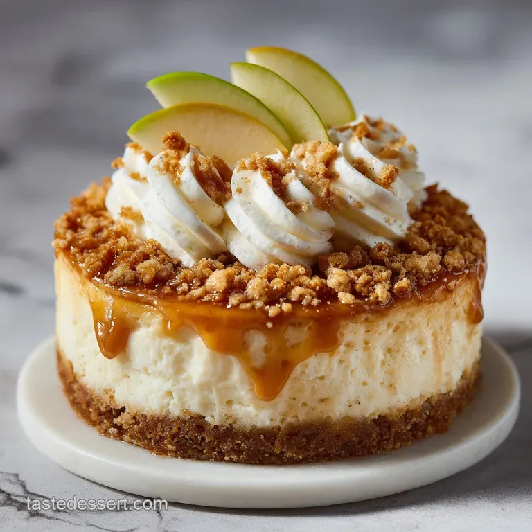 Slice of apple crisp cheesecake on a white plate. Notice the layers of creamy filling, apples and brown sugar crumble.
