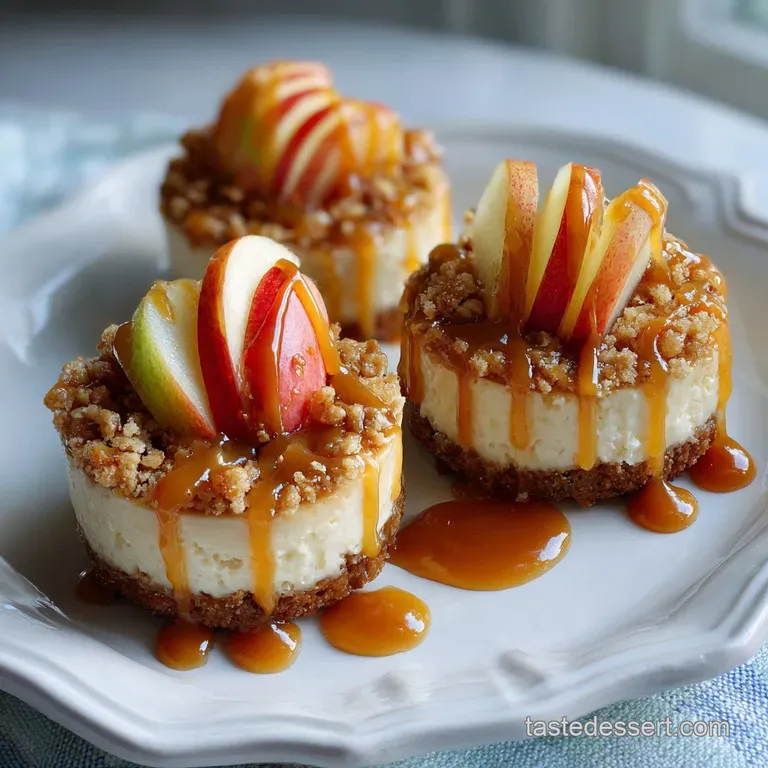 Individual apple crisp cheesecakes drizzled with caramel sauce, garnished with a cinnamon stick and a sprig of fresh mint.