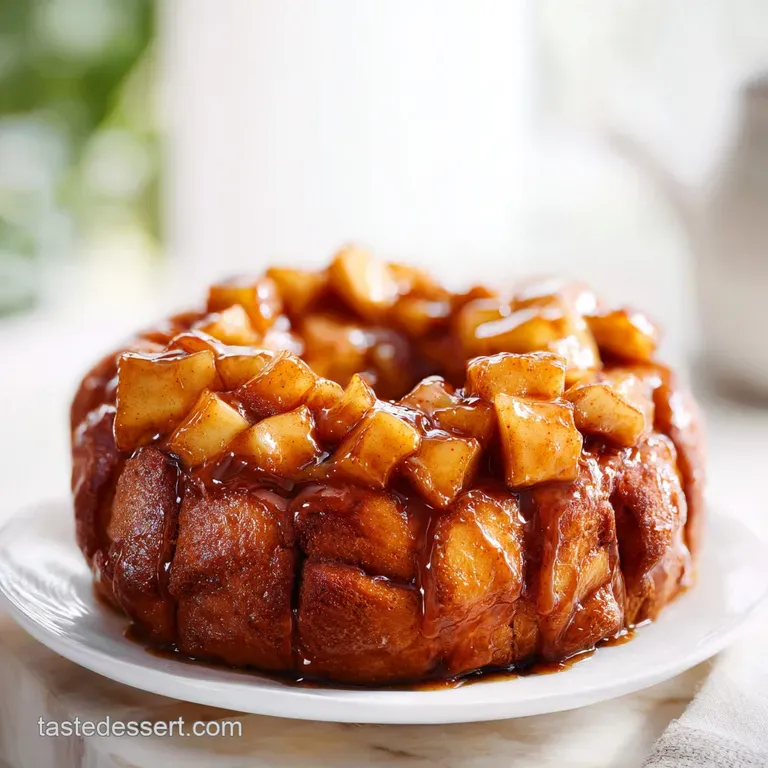 A towering pull-apart bread drizzled with white icing on a ceramic plate with fresh apple slices on the side.