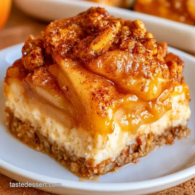 A square slice of velvety white cake topped with glazed cinnamon apples and pecans on a minimal white plate.