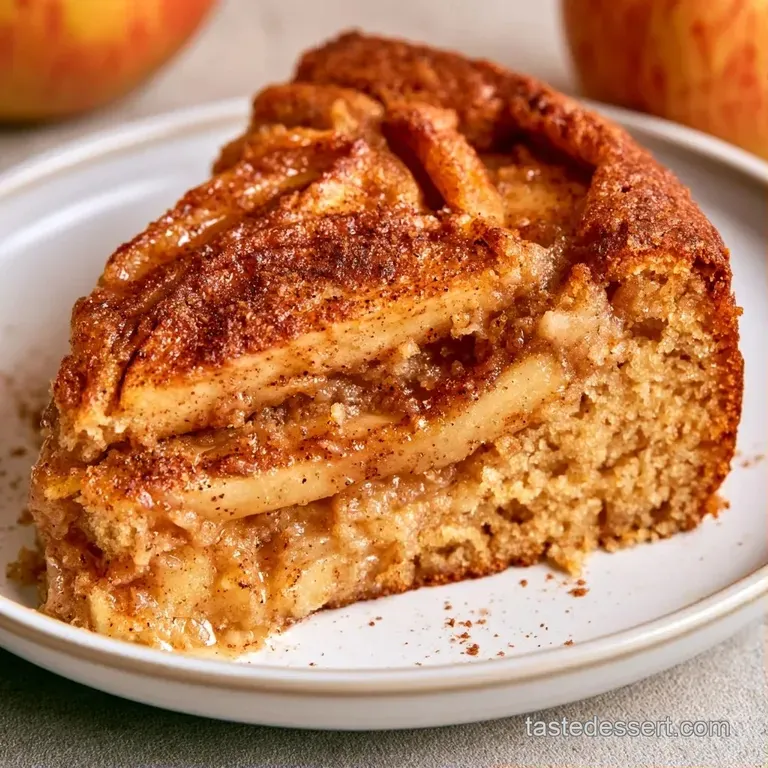 A moist slice of golden cake topped with a dollop of fluffy white cream and a glossy drizzle of amber caramel.