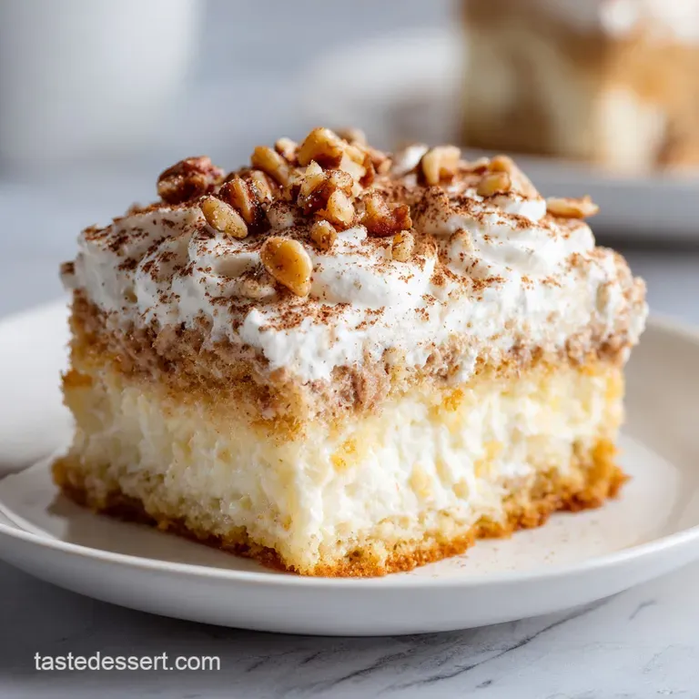 A moist slice of white cake showcases its tender crumb, adorned with toasted coconut and chopped pecans.