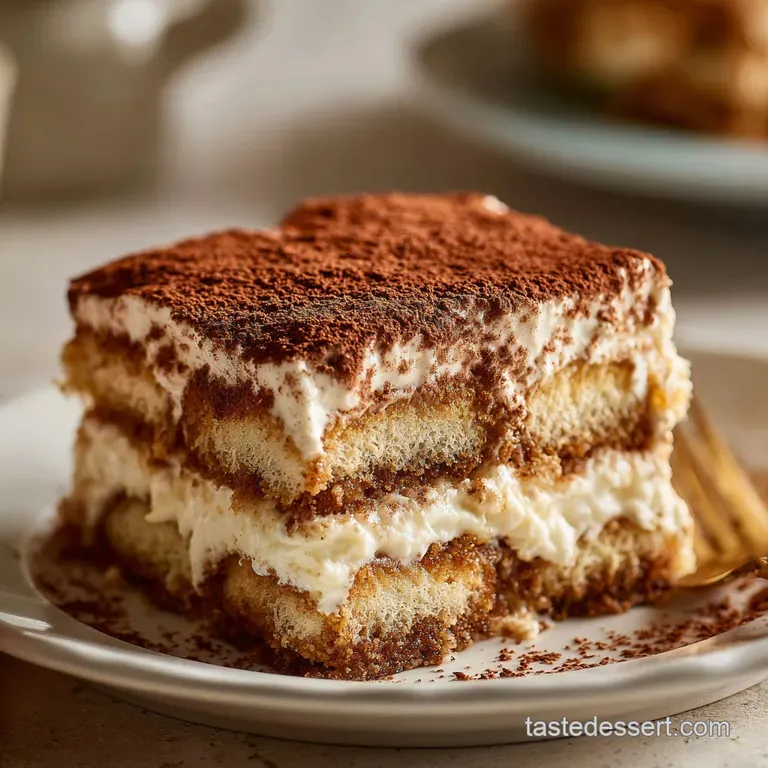 A delicate slice of tiramisu on a white plate, adorned with chocolate shavings and a dusting of cocoa.