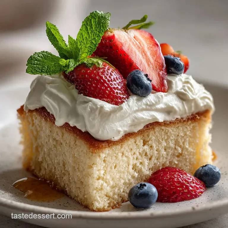 Slice of tres leches cake on a white plate, glistening with milk, topped with airy whipped cream and a sprinkle of spice.