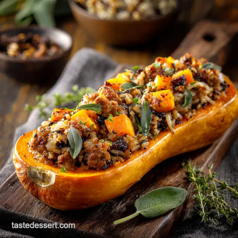 Stuffed Butternut Squash with Sausage Wild Rice and Autumnal Sage presentation
