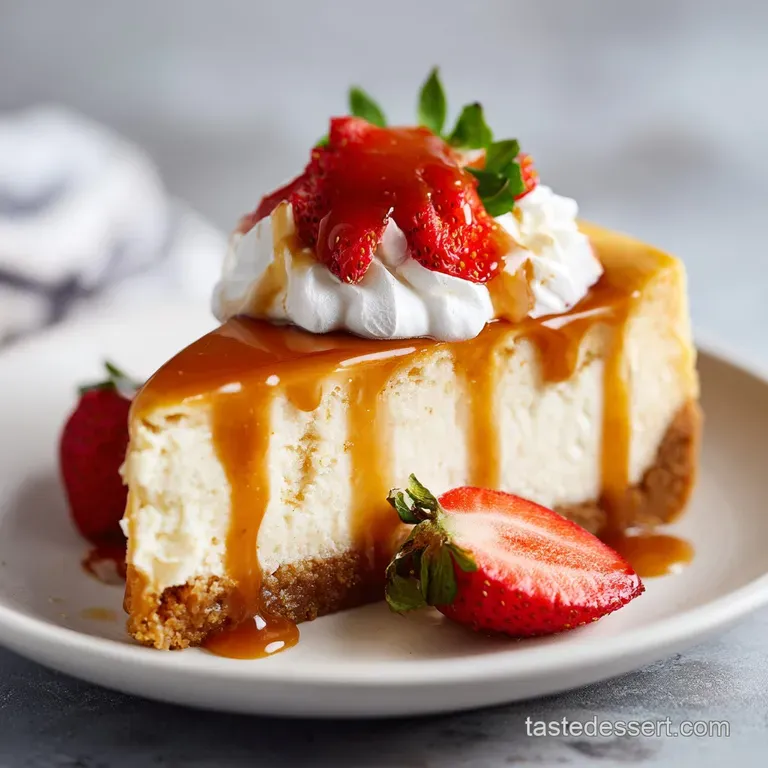 A slice of caramel cheesecake resting on a white plate, caramel sauce drizzled; fork on the side. Inviting and delicious!