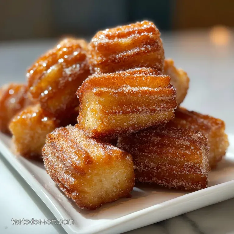 Pile of warm cinnamon-sugar churro bites stacked artfully on a white plate with a small bowl of rich, dark chocolate sauce...