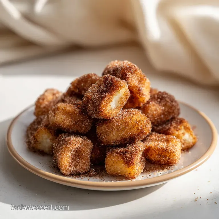 Warm churro bites artfully arranged in a ceramic bowl, dusted with cinnamon.