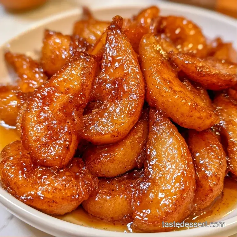 Two tender, caramelized pear halves resting on a white plate with a drizzle of amber syrup and mint leaf.