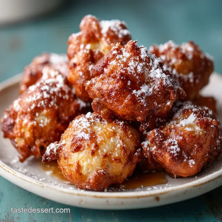 Stack of warm apple fritters drizzled with glaze on a white plate. Cinnamon sticks and apple slices add warmth to the image.