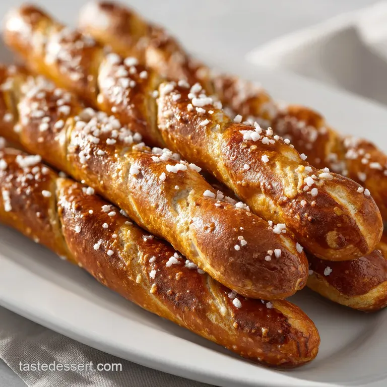 A neat bundle of dark mahogany-colored pretzel sticks tied with twine, resting on a minimalist white ceramic plate.