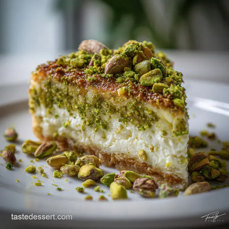 Slice of pistachio cheesecake with baklava crust. Honey glistens, garnished with pistachios and delicate pastry.