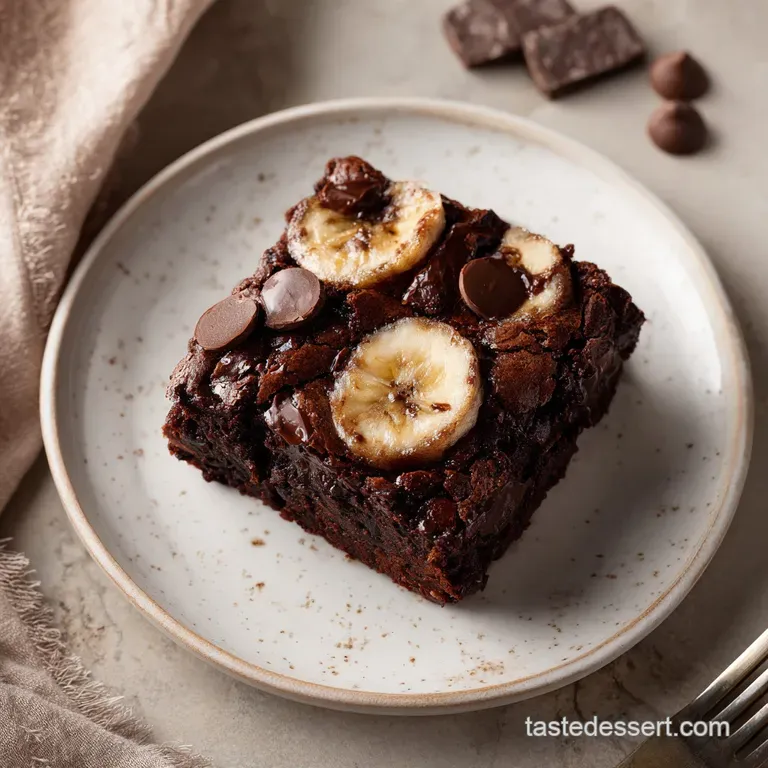 A fudgy banana brownie square dusted with powdered sugar, served on a rustic plate with a dollop of whipped cream.