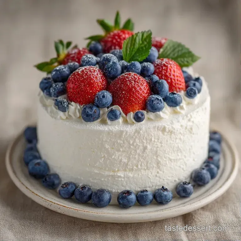 Slice of moist white cake topped with glossy red berries and plump blueberries on a minimalist white ceramic plate.