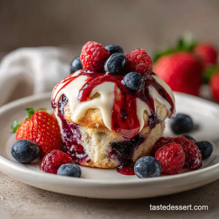 Muffin halves with visible berry chunks & creamy filling, sprinkled powdered sugar, garnished mint sprig on white plate.