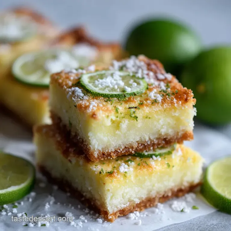 Elegant lime bar slice on a white plate, zest garnish. Tart green filling contrasts with buttery, crumbly shortbread crust.