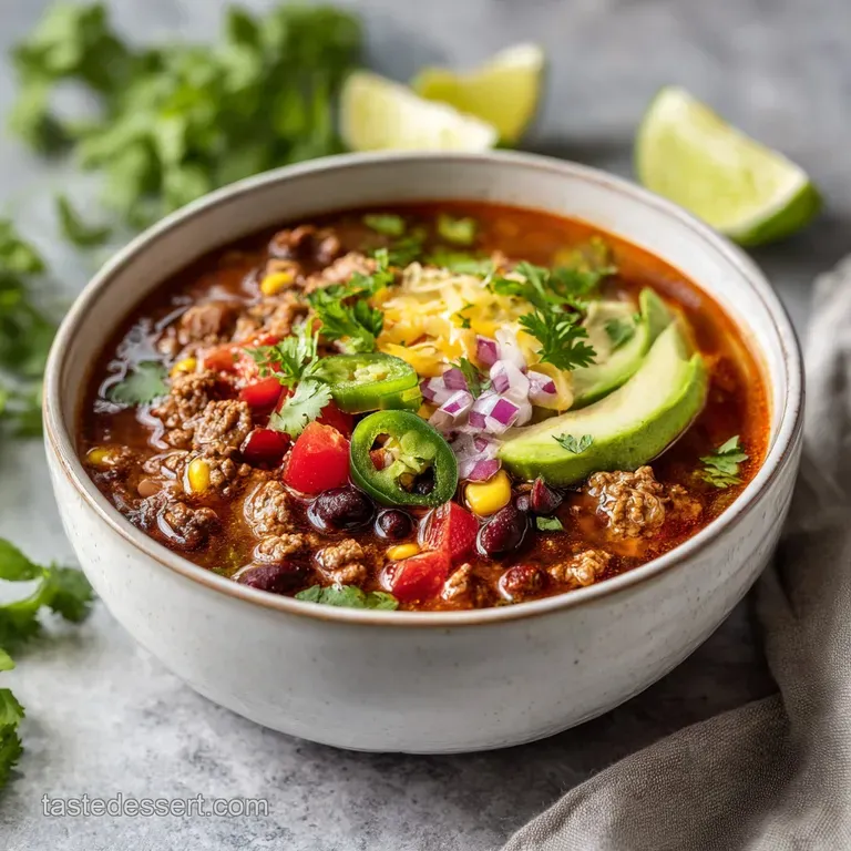 Elegant bowl of taco soup topped with a dollop of sour cream, shredded cheese, and a sprig of cilantro. Steam rises inviti...