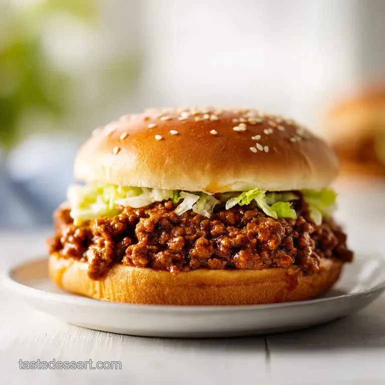 A juicy sloppy joe, overflowing with savory ground beef mixture, sits open-faced on a sesame seed bun with melted cheese.