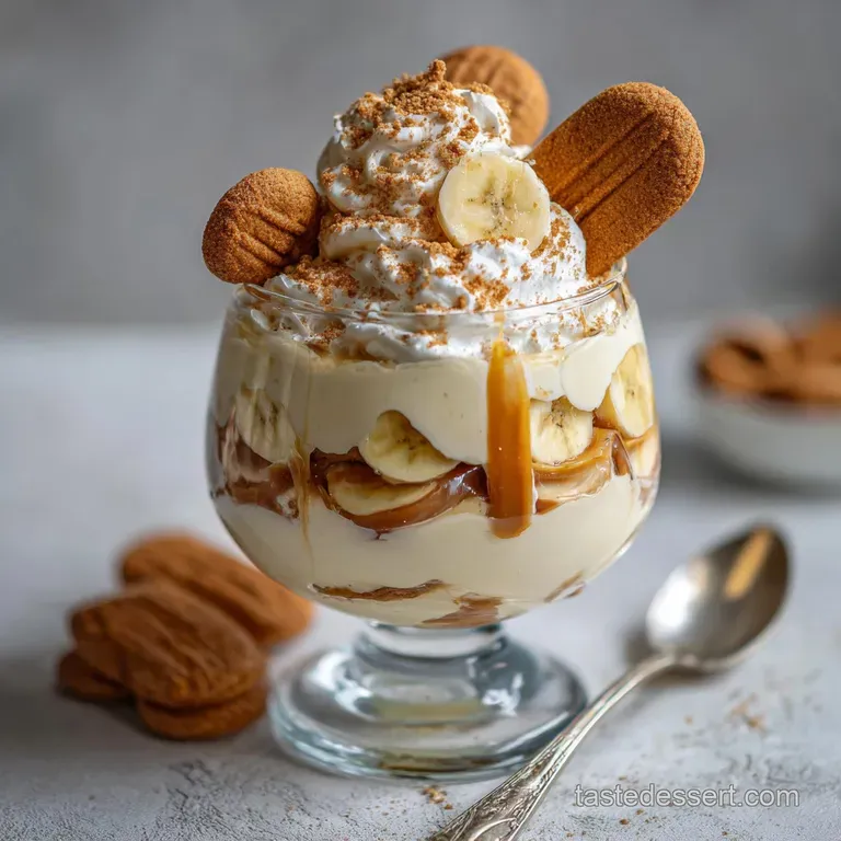 Elegant parfait glass filled with layers of creamy banana pudding, crunchy Biscoff cookies, and fresh banana slices.