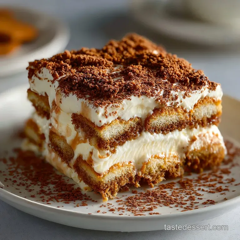 Elegant slice of Biscoff tiramisu, revealing layers of cream & coffee-soaked ladyfingers. Cookie crumb garnish adds a deli...