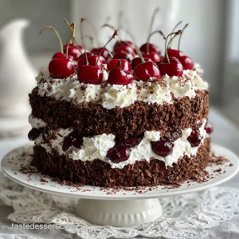 Elegant slice of Black Forest cake: dark chocolate layers contrast with whipped cream, juicy cherries on top, dusted with ...