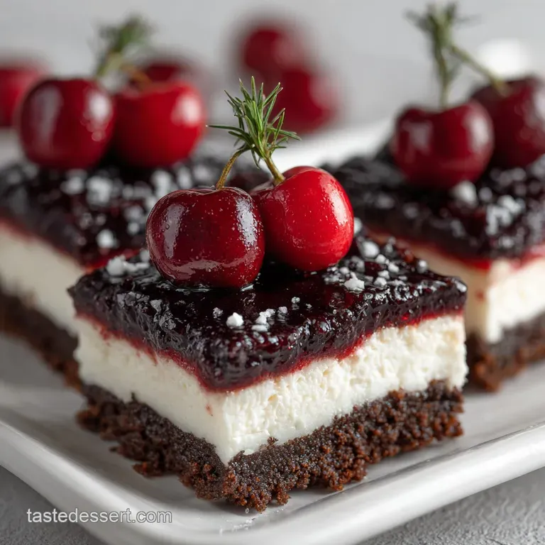 Elegant Black Forest cheesecake bar on a white plate, dusted with cocoa powder, garnished with plump cherries and chocolat...